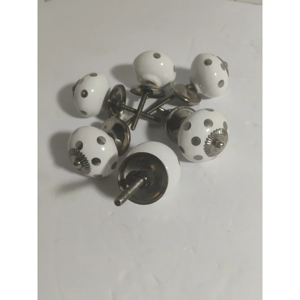 New 6Furniture Knobs, Drawer Pulls, Silver & White Polka Dot Porcelain 2-7/8”